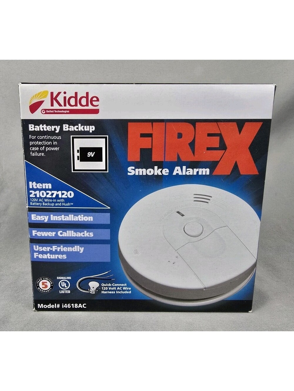 Kidde Firex i4618AC Replacement Hardwire Smoke Alarm 120V Battery Backup Mute